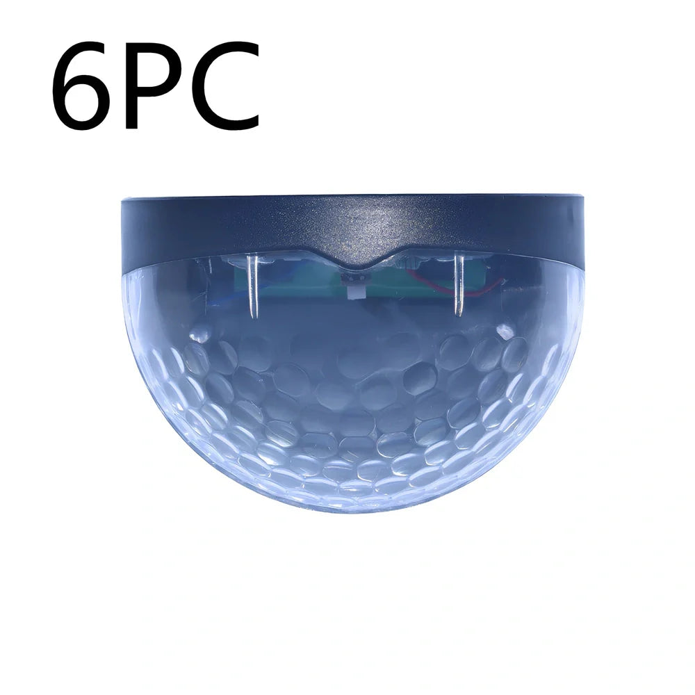 Pair of white waterproof solar semicircular fence lamps with water drop effect, IP65 rated for garden use, 90x62x50mm