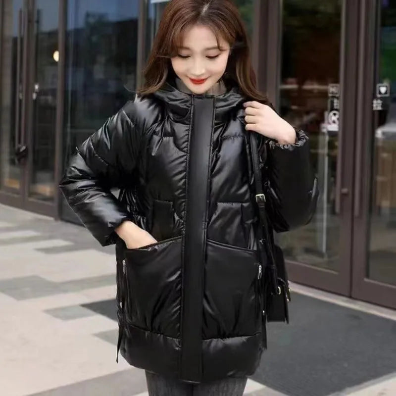 Women's winter hooded down jacket in ultra-thin acrylic fabric, available in four colours and sizes for 40-85kg weight range