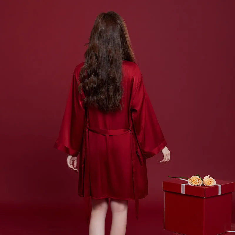 Red ice silk sleepwear set with long sleeves and trousers for men and women, lightweight fabric