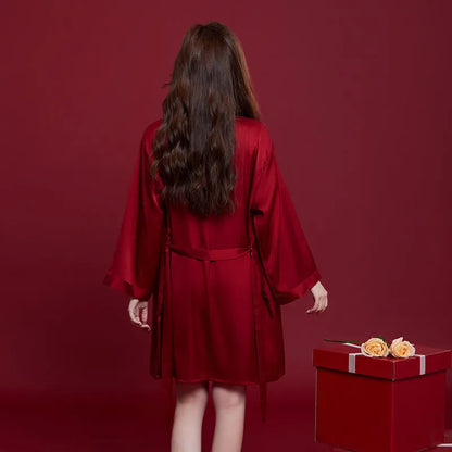 Red ice silk sleepwear set with long sleeves and trousers for men and women, lightweight fabric