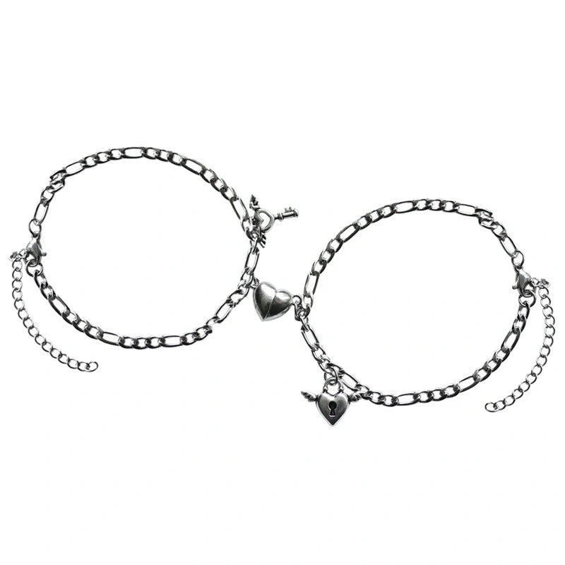 Stylish heart-shaped couple's bracelets with delicate floral accents made of durable iron chain