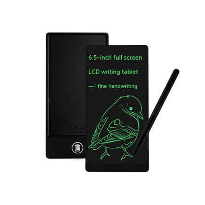 Blue student LCD handwriting board with 6.5 inch screen and stylus on a desk.