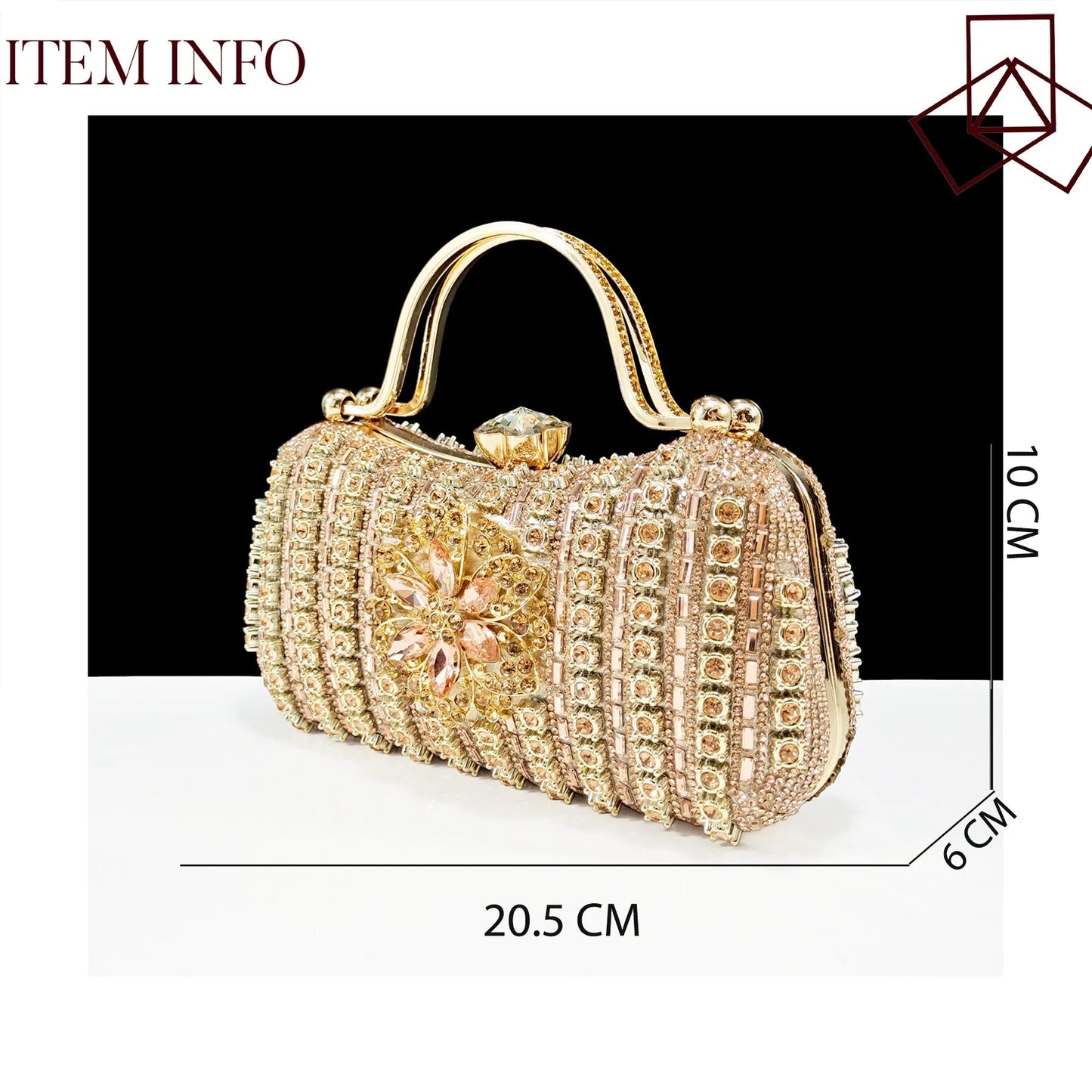 Women's black high-heel ankle strap shoes with floral rhinestone buckle and matching clutch bag on a neutral background