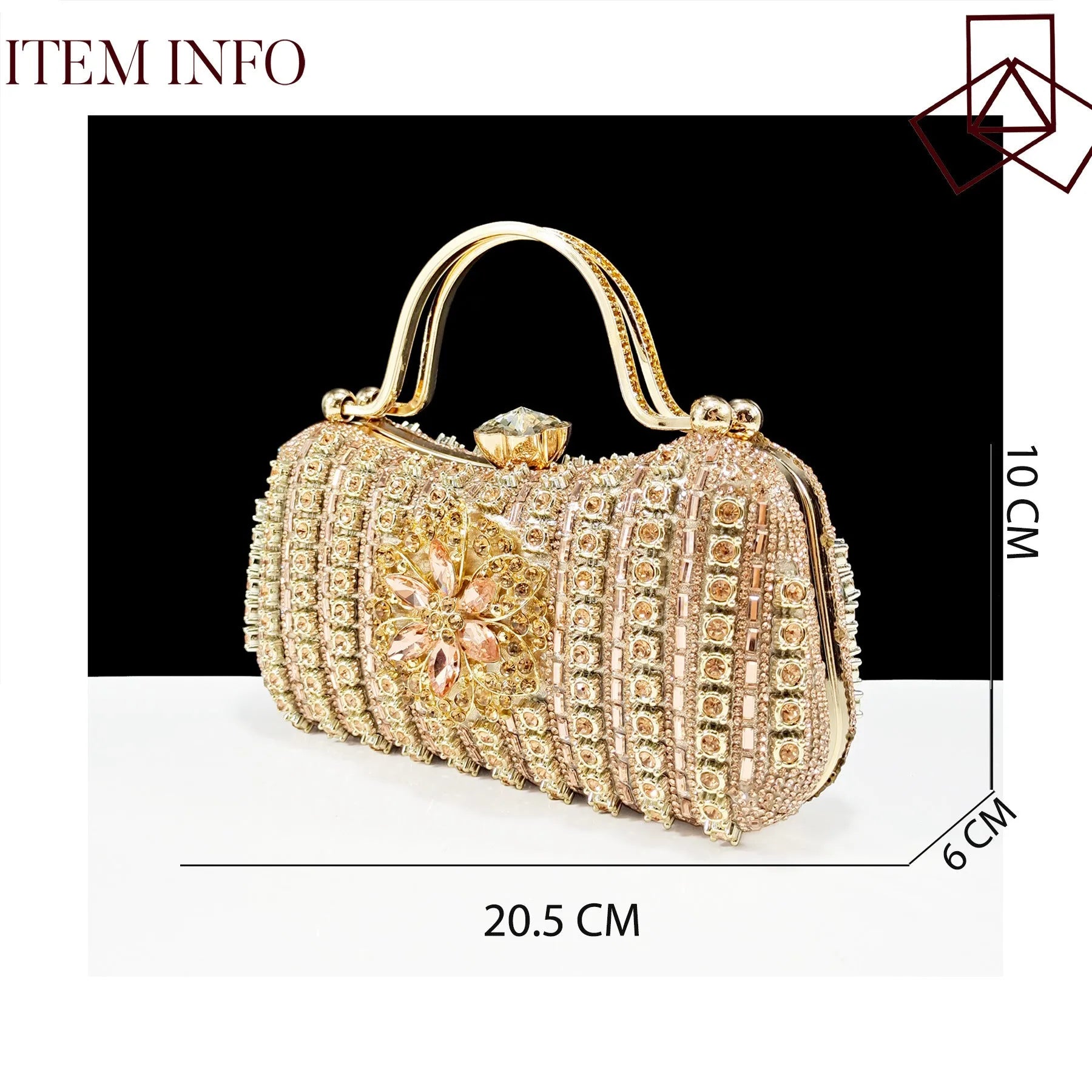 Women's black high-heel ankle strap shoes with floral rhinestone buckle and matching clutch bag on a neutral background