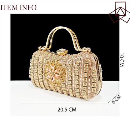 Women's black high-heel ankle strap shoes with floral rhinestone buckle and matching clutch bag on a neutral background