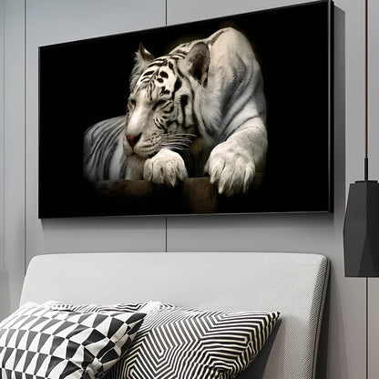 Leopard lion face canvas painting with waterproof ink in horizontal rectangle format