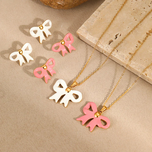 Bowknot necklace and earrings set with adjustable chain in pink and white colour options
