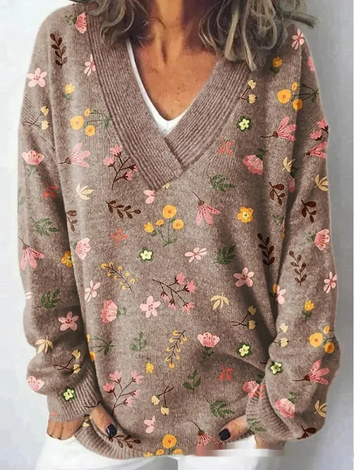 Women's V-neck long sleeve sweatshirt with a 3D floral print pattern in art retro style.