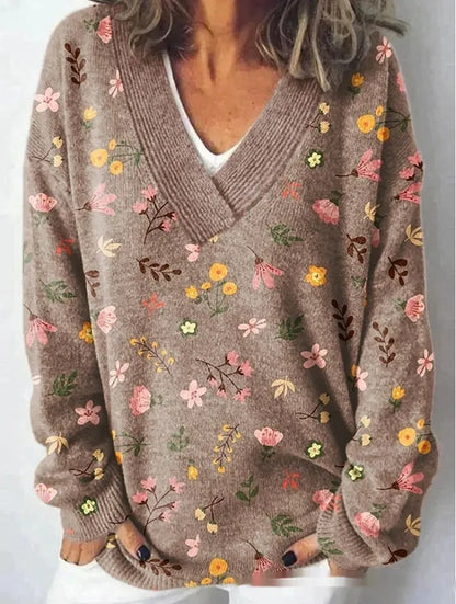 Women's V-neck long sleeve sweatshirt with a 3D floral print pattern in art retro style.