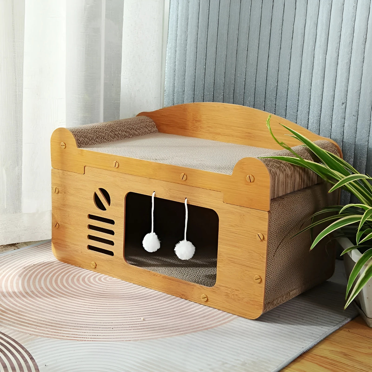 Double layer corrugated paper cat house in Double Ball Double Door design for indoor cats