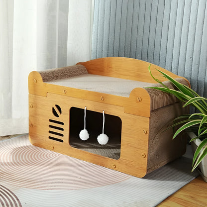 Double layer corrugated paper cat house in Double Ball Double Door design for indoor cats