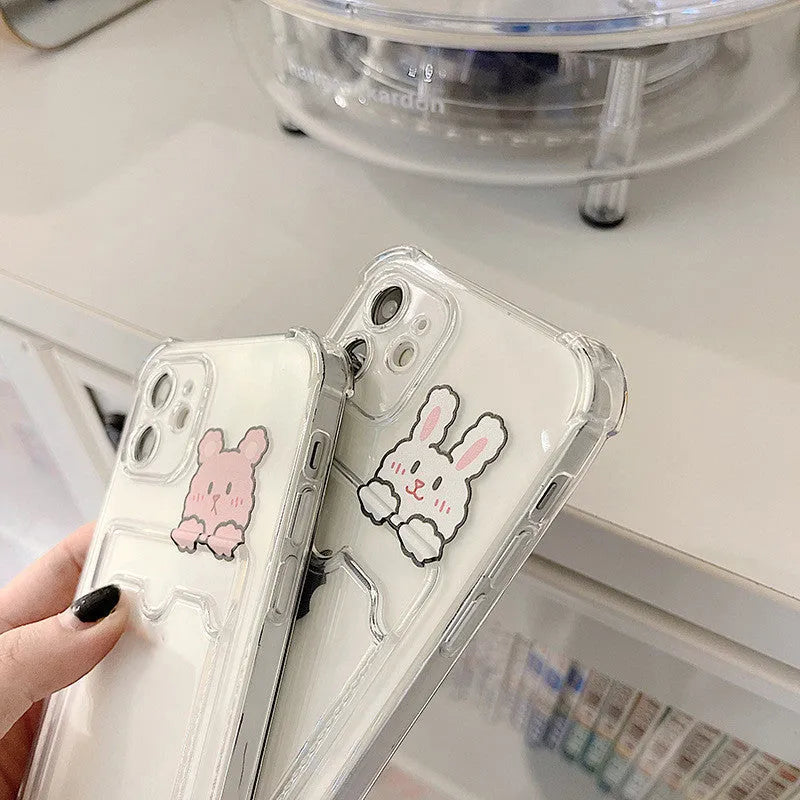 Cartoon transparent TPU phone case with card holder for iPhone, showing painted design and slim fit