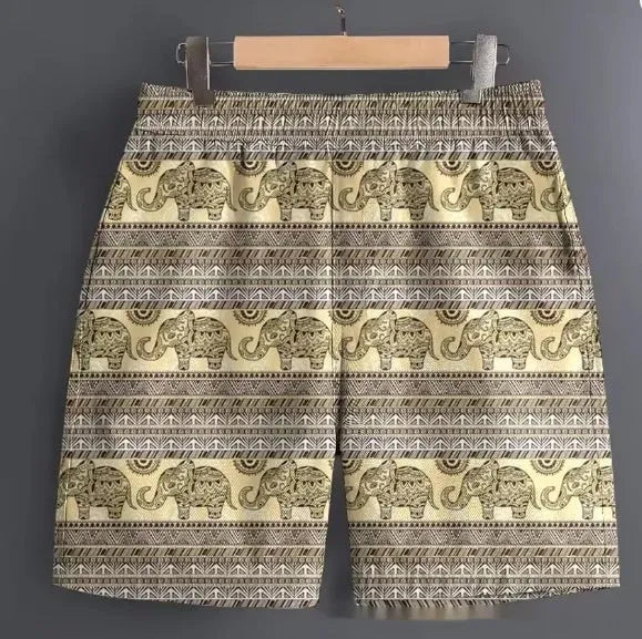 Men's casual polyester shorts in a camouflage pattern, shown with a relaxed fit for outdoor use.