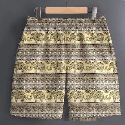 Men's casual polyester shorts in a camouflage pattern, shown with a relaxed fit for outdoor use.