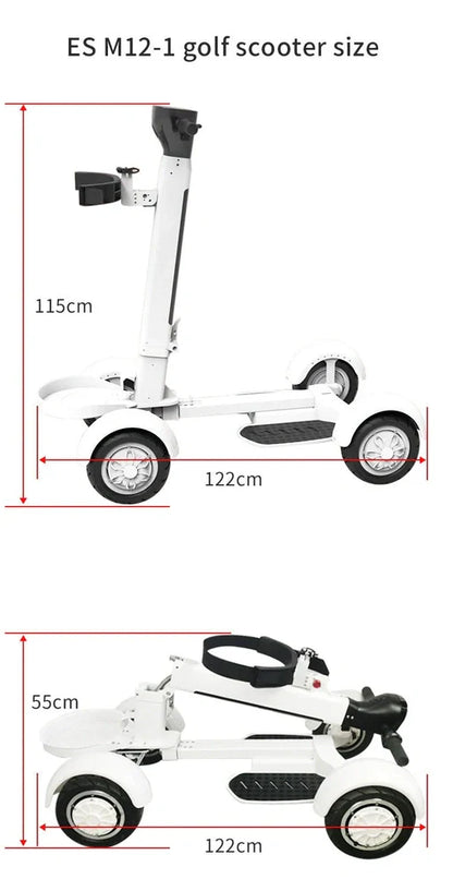 White four-wheel electric golf scooter with folding mechanism and aluminium alloy frame