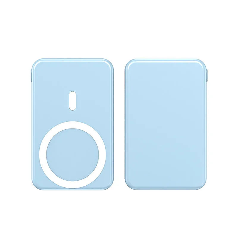 Ultra-thin 10000mAh magnetic wireless power bank in black, blue, or white, 15W fast charge for iPhone.
