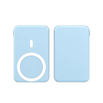 Ultra-thin 10000mAh magnetic wireless power bank in black, blue, or white, 15W fast charge for iPhone.