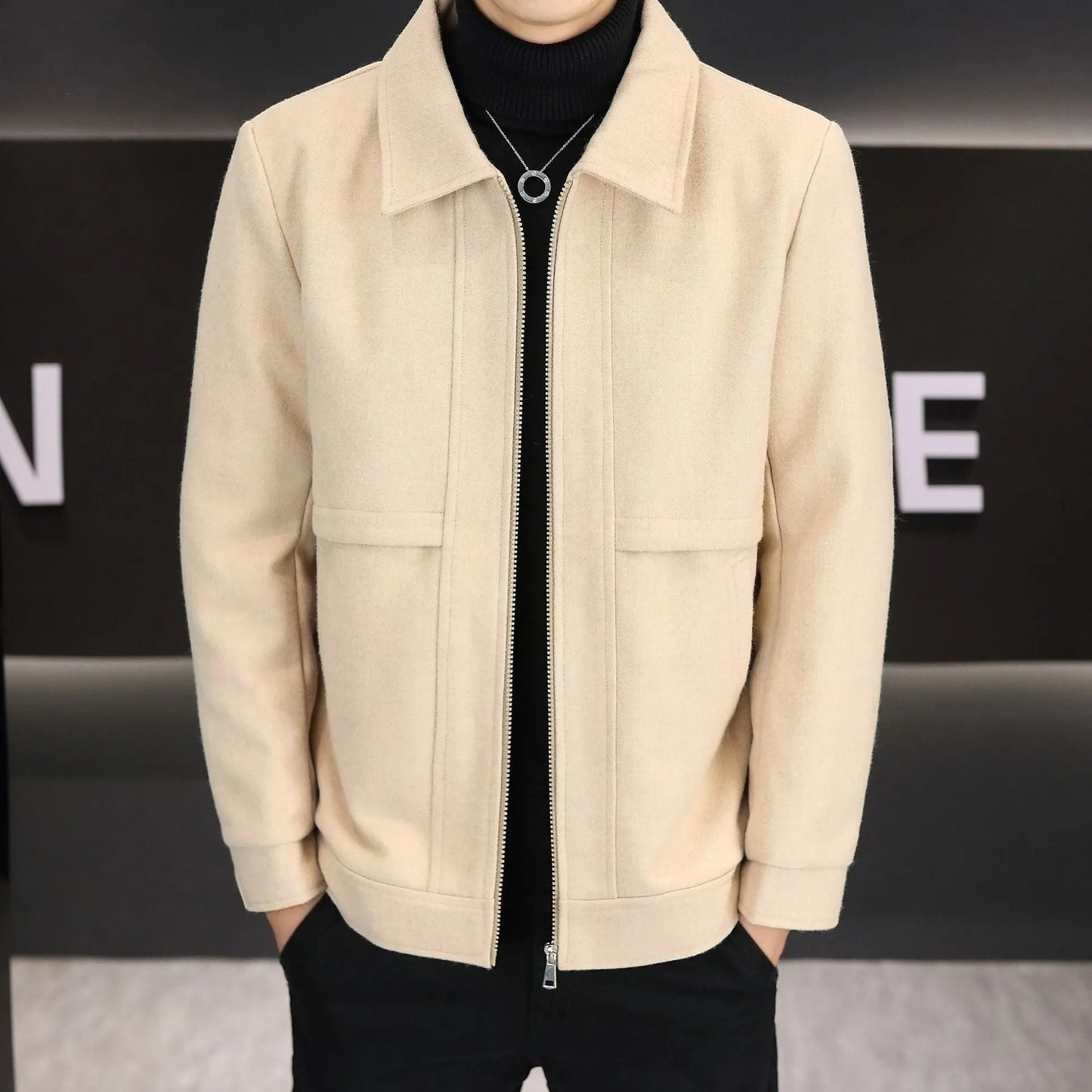Casual khaki polo collar jacket with side seam pockets on a solid background.