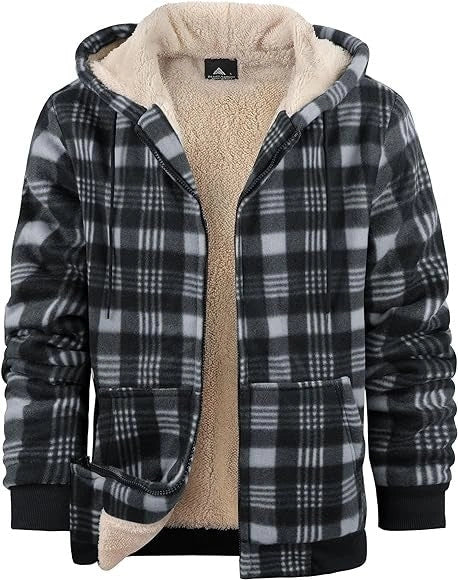 Men's plaid print hooded zip-up jacket with thickened cotton padding for winter warmth