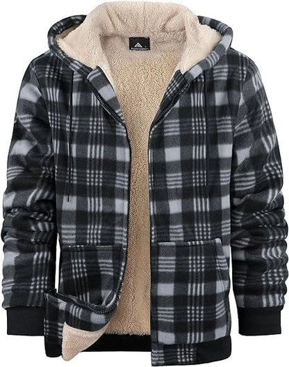 Men's plaid print hooded zip-up jacket with thickened cotton padding for winter warmth