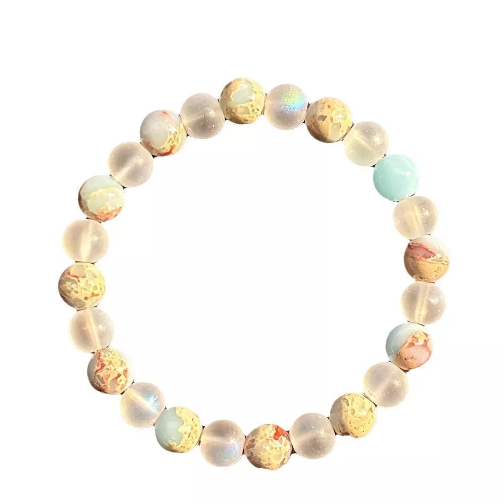 Handmade woven wooden bracelet with mineral blue gemstone and cat's eye stone, 8mm beads, 18mm inner diameter