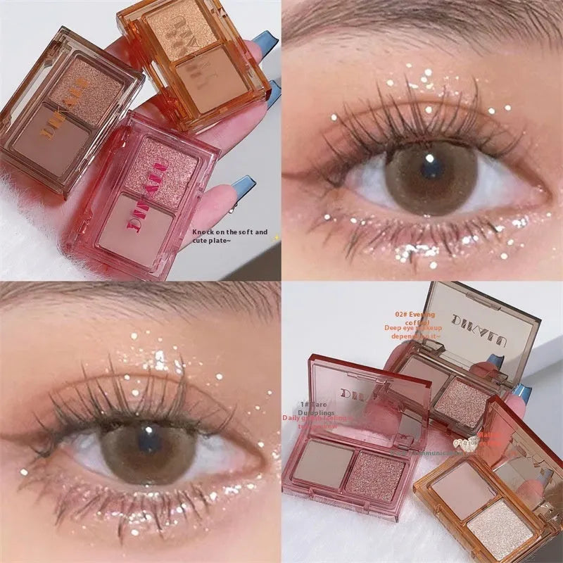 DIKALU two-colour eye shadow compact open, showing a matte and a shimmer shade split down the middle.