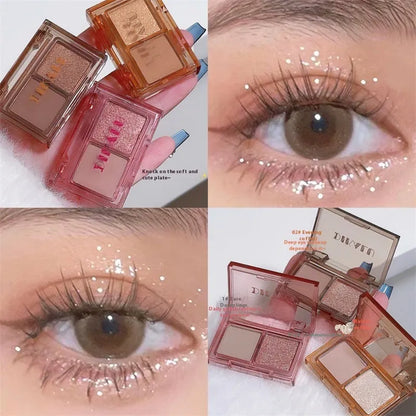 DIKALU two-colour eye shadow compact open, showing a matte and a shimmer shade split down the middle.