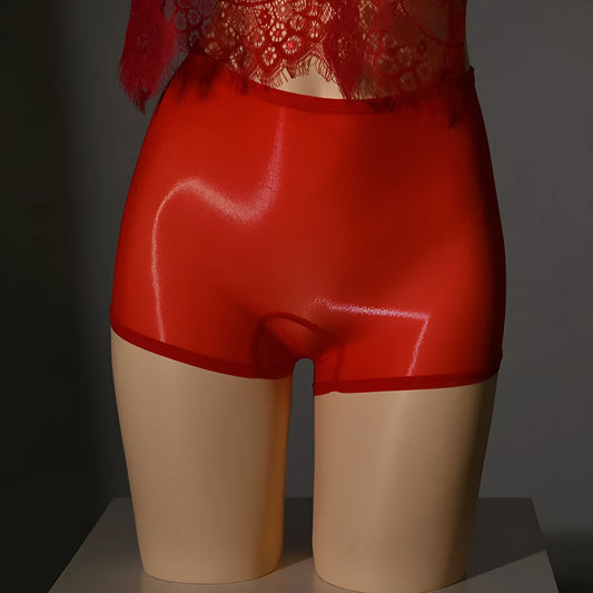 Shiny men's nylon underwear stockings in red, black, grey, white, fair skin, natural skin, and brown colours on a mid waist.