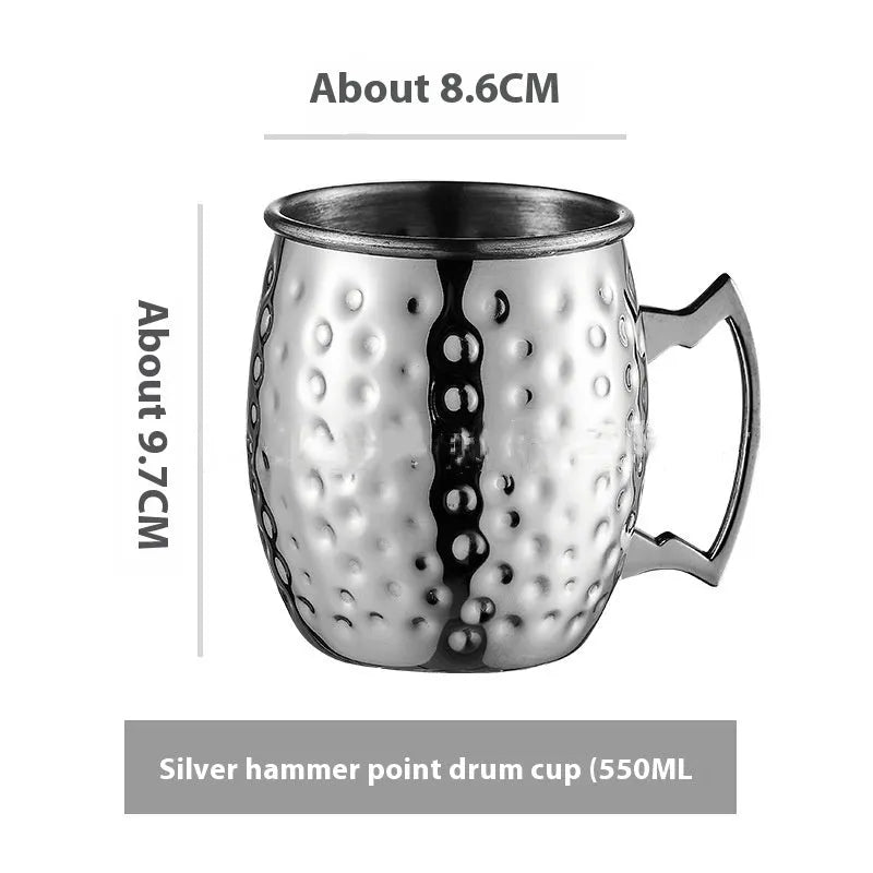 Stainless steel Moscow Mule cup with copper interior in gold, rose gold, silver, or black finish.