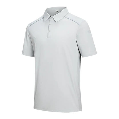 Man wearing a solid colour quick-dry polo shirt with short sleeves and a side slit detail.
