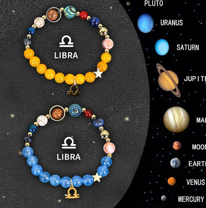 Twelve Zodiac Sign beaded bracelet set with natural stone beads on adjustable cord, showing two bracelets for mix-and-match styling.