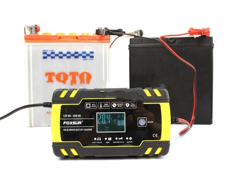 Battery charger with screen display showing charging parameters for 12V and 24V lead-acid batteries