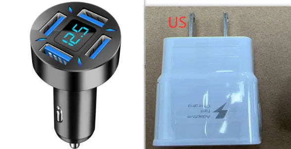 Four-port USB car charger with LED digital display showing voltage, compact black design for vehicle power socket