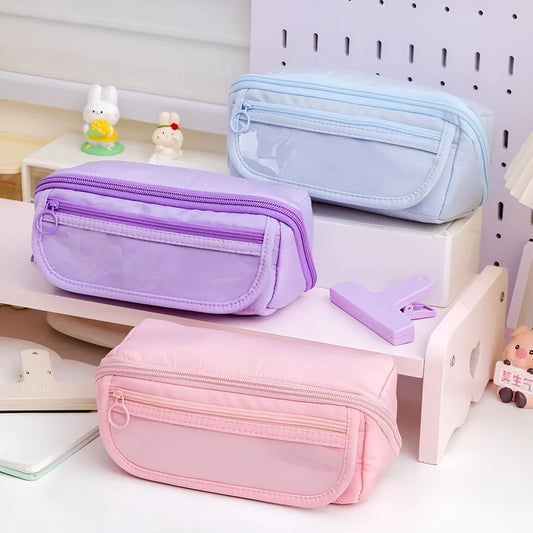 Korean-style canvas pencil case showing ten-layer flip design in Girl Pink colour