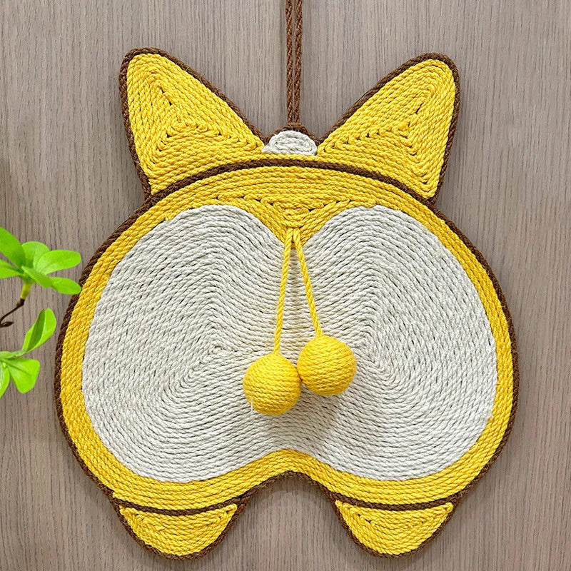 Yellow sisal cat scratching pad with Corgi dog butt design, showing anti-slip EVA base and adhesive hooks.