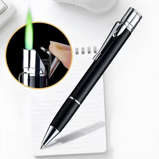 Silver metal pen-style jet lighter with side ignition button and windproof flame.