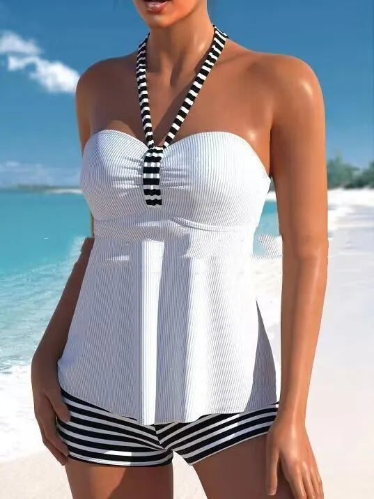Women's off-shoulder striped swimsuit in black and white design with briefs style