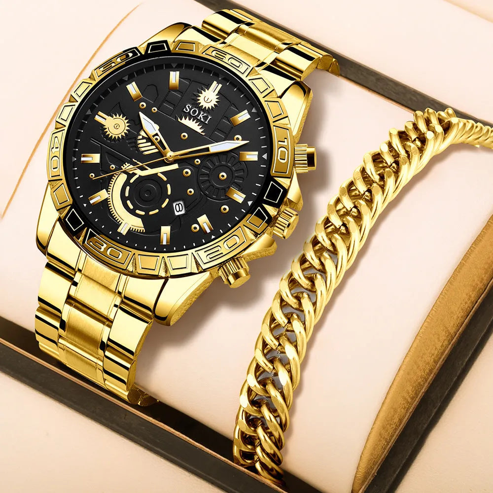 Gold men's business watch with stainless steel strap showing 10mm thickness case and calendar display