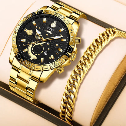 Gold men's business watch with stainless steel strap showing 10mm thickness case and calendar display