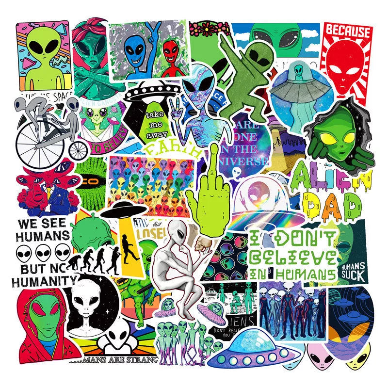 Set of 50 aliens vinyl stickers for skateboard, laptop, and trolley customization