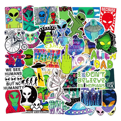 Set of 50 aliens vinyl stickers for skateboard, laptop, and trolley customization