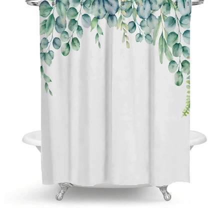 Floral plant shower curtain with Nordic Green Leaf pattern and colourful flowers on polyester fabric