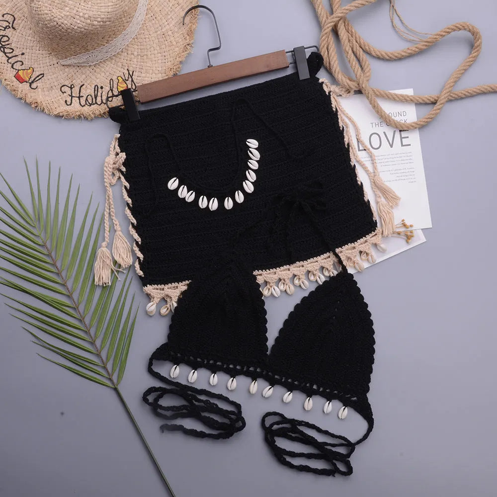 Women's handmade shell bikini swimsuit with lace-up design in apricot colour