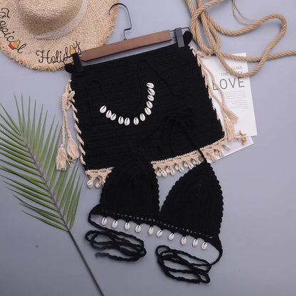 Women's handmade shell bikini swimsuit with lace-up design in apricot colour