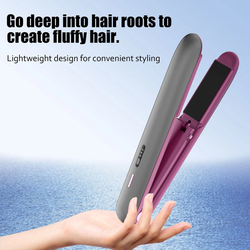Wireless hair straightener for small hair curling or straightening uses tourmaline ceramic heating with 10 temperature settings and moon shadow grey sprayed plywood casing with lithium battery power