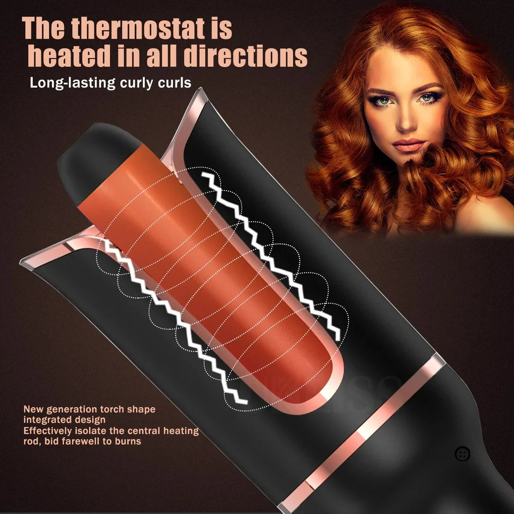 Black automatic hair curler with rotating 16-20mm barrel and digital temperature display showing 10 heat settings