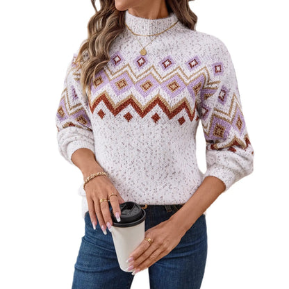 White geometric pattern half turtleneck jacquard sweater with loose fit and contrast colour detailing