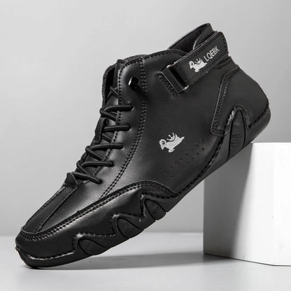 Men's brown microfiber Martin boots with flat heel, round toe, and rubber sole.