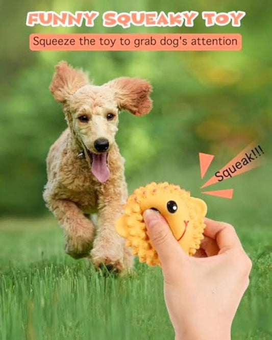 Latex squeaky dog toys in lamb and monkey designs, 3 inches diameter with spiky texture for dental cleaning
