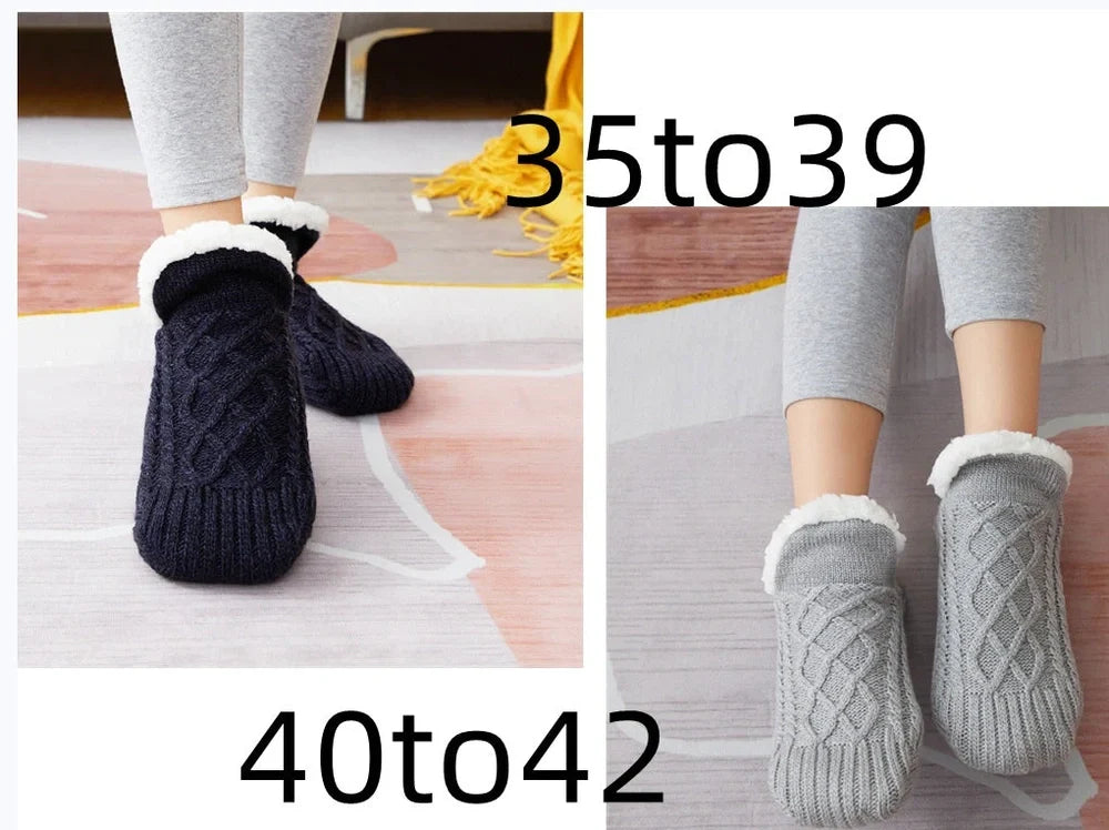 Winter woolen socks with V-opening design and anti-slip dots on soles in navy blue colour
